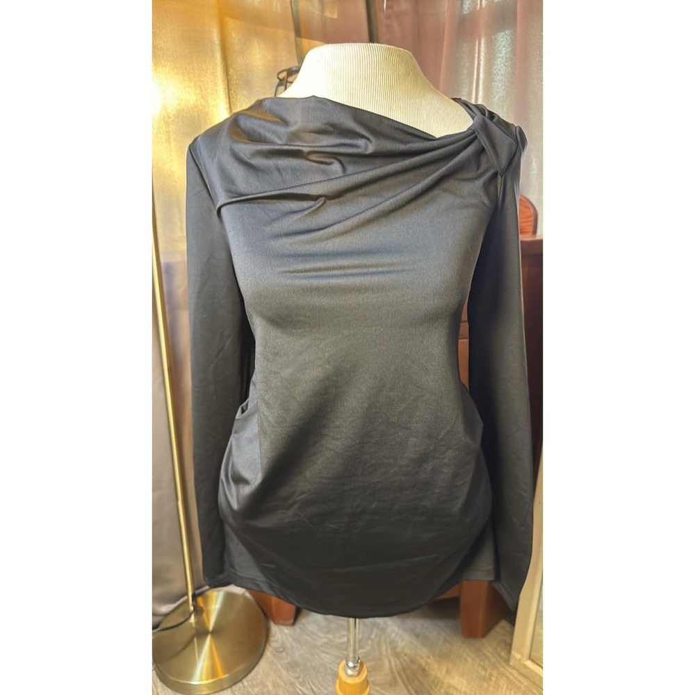 Womens Black Long Sleeve Draped Cowl Neck Ruched Blouse Top Size Small